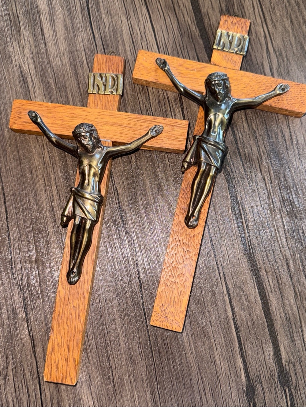 Cross Wooden Wall Crucifix Metal Jesus- Set of 2 Bronze Italy